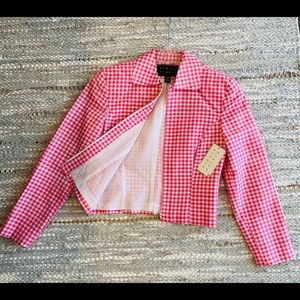 Super cute, lightweight, silk, gingham pink and white jacket.